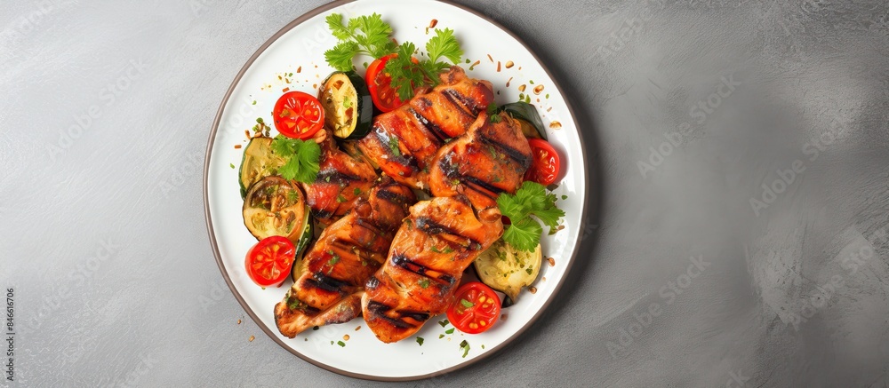 Aufkleber Chicken kebab skewers on a plate displayed on a light grey slate background from a top view with a copy space image.