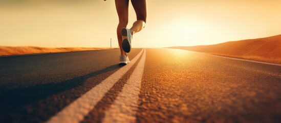 Female runner stretching leg muscles with copy space image for sunset trail run in summer nature, preparing for warm-up.
