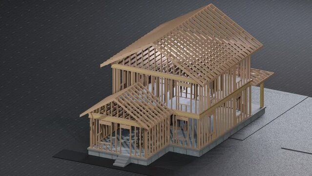 under construction house site, frame structure, seamless looping 3D realistic animation