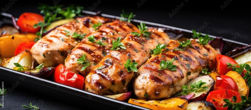 Poster grilled chicken with veggies on white background with copy space image.