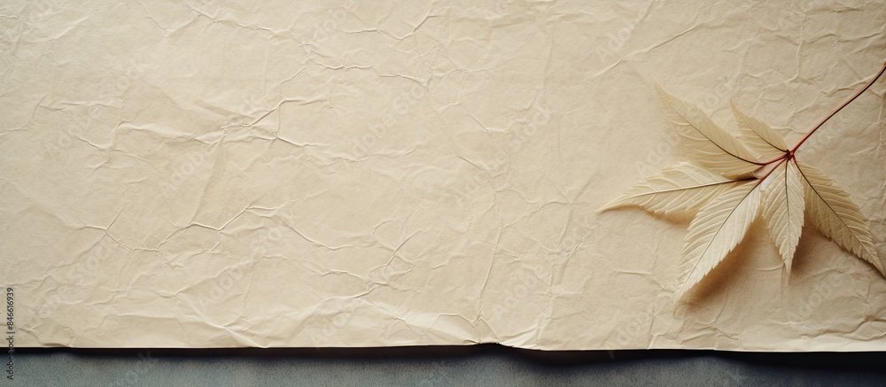 Poster Closeup image showcasing the intricate texture of handmade paper with a leaf on it, creating a serene and natural ambiance with copy space for customization.