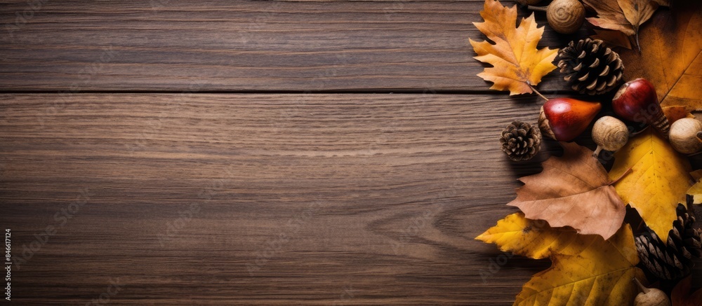 Poster autumn-themed greeting card displayed on a wooden board with fallen leaves, acorns, and cones, creat