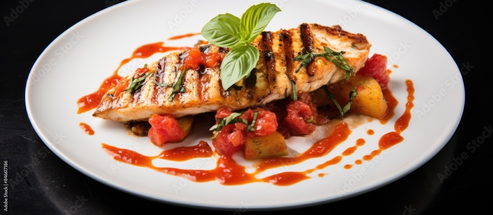 Poster a grilled chicken fillet topped with tomato sauce, set against a white backdrop, creating a captivat