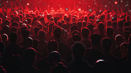 silhouettes of a multitude of social media followers from behind following youtube channels and famous streaming influencers background for a wallpaper about supporting internet accounts. Red audience
