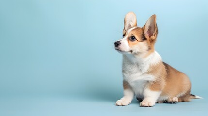 Adorable Welsh Corgi Puppy Sitting on Powder Blue Background with Blank Space