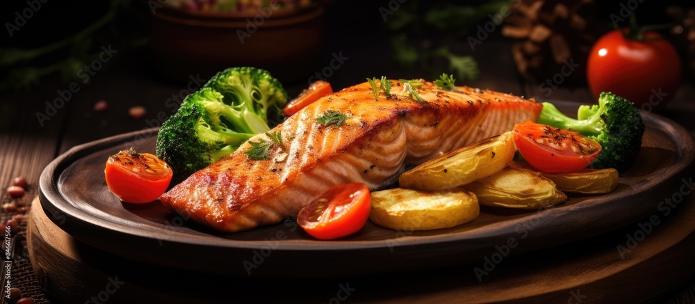Poster Salmon steak cooked in a fried style served with potatoes and vegetables displayed on a wooden table with copy space image.