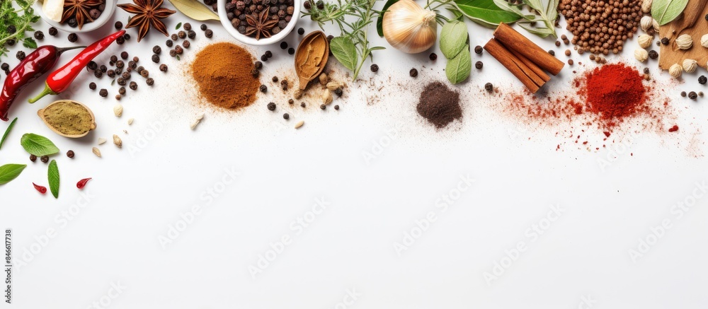 Poster white background with spices, herbs, and utensils creating a food-themed copy space image.