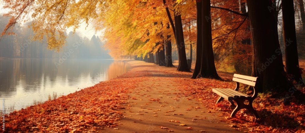 Fototapete Capture the autumn scenery with a lovely nature picture taken on a leisurely stroll in a charming location using a mobile camera, perfect for a copy space image.