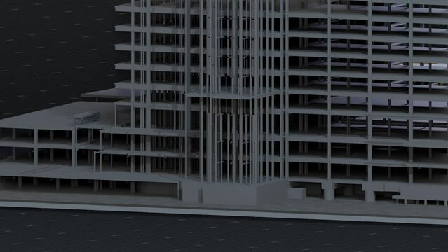 under construction site engineering with frame structure and tower crane 3D looping animation realistic generic 4k