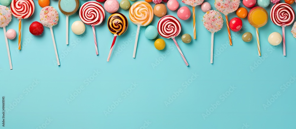 Fototapete Flat lay of delicious lollipops on a turquoise backdrop with space for text or other elements in the image. with copy space image. Place for adding text or design