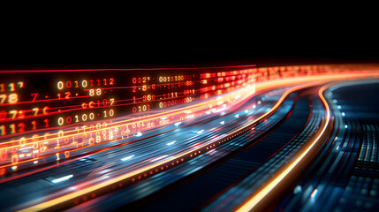 Digital data stream in deep blue, high speed data transfer with motion effect, cyber tech space.