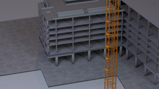under construction site engineering with frame structure and tower crane 3D looping animation realistic generic 4k
