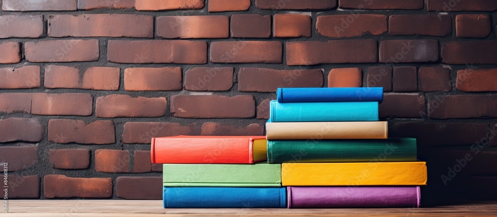 Aufkleber A stack of colorful books rests on a wooden table against a brick background, symbolizing education and learning, with space for adding images. with copy space image. Place for adding text or design