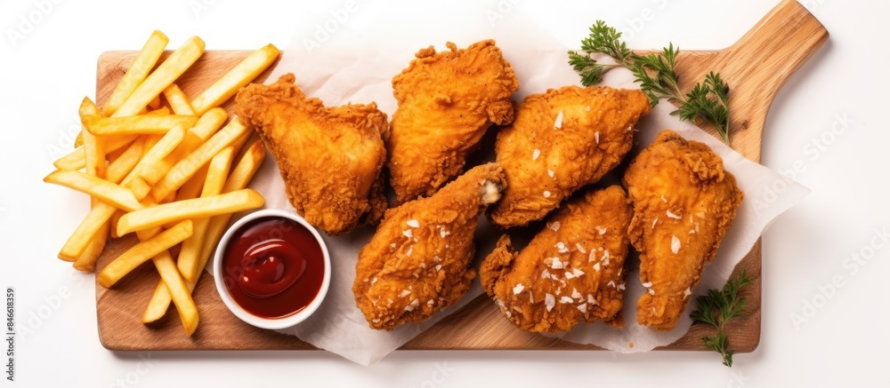 Poster Top view of fried chicken and French fries on a white background with space for adding images. with copy space image. Place for adding text or design