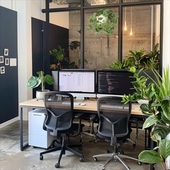 Desk With Two Computer Monitors and Keyboard