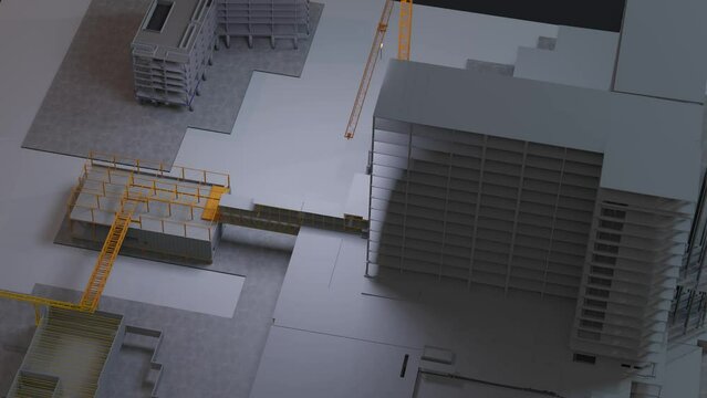 under construction site engineering with frame structure and tower crane 3D looping animation realistic generic 4k