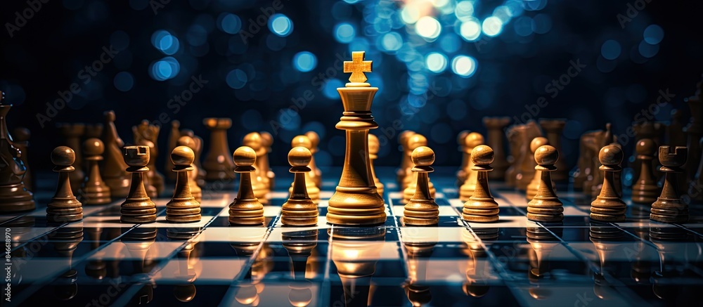 Poster Bitcoin and chess board game are displayed in a business strategy ideas concept with copy space image.