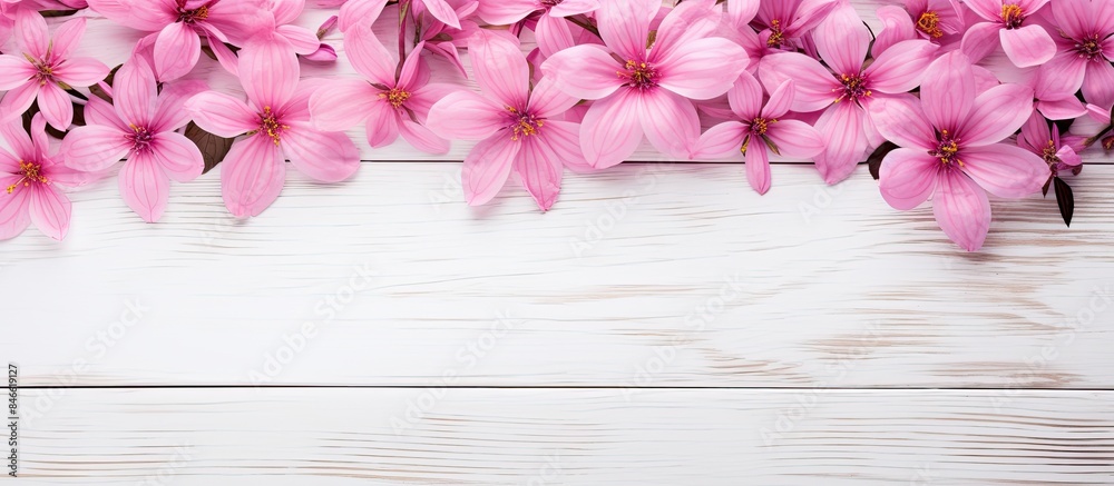 Poster Pink flowers on a white wooden background in a top view flat lay with copy space image.