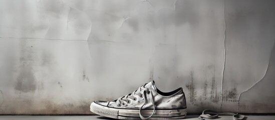 A modern and edgy interior poster featuring white sneakers against a grunge backdrop with copy space image.