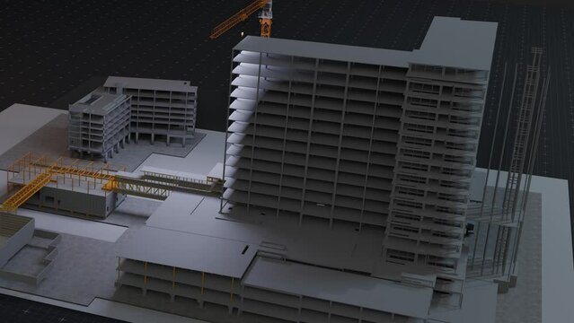 under construction site engineering with frame structure and tower crane 3D looping animation realistic generic 4k