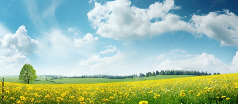 Leinwandbilder scenic meadow with lush grass and yellow dandelions under a soft blue sky with clouds adds to the se