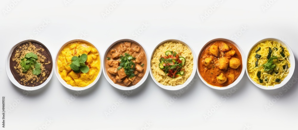 Poster delicious curry dishes arranged on a white backdrop with a copy space image available.