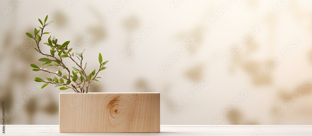 Aufkleber Wooden cube podium with branches on light background, ideal for front view showcase with copy space image.