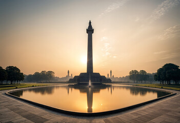 the sun rises over a monas monument in a park