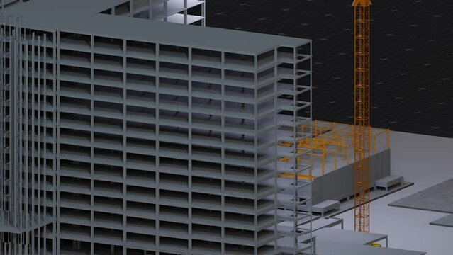under construction site engineering with frame structure and tower crane 3D looping animation realistic generic 4k