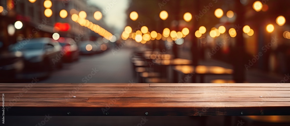 Poster wooden table with copy space image set against a blurred background of restaurant lights.