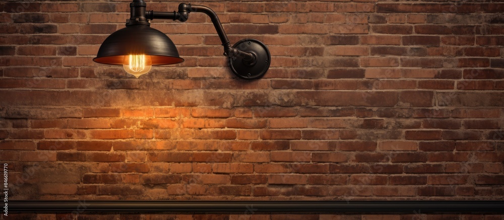 Poster Interior design with a vintage wall lamp mounted on a rustic brick wall, creating a retro ambiance with a stylish layout, perfect for displaying a copy space image.