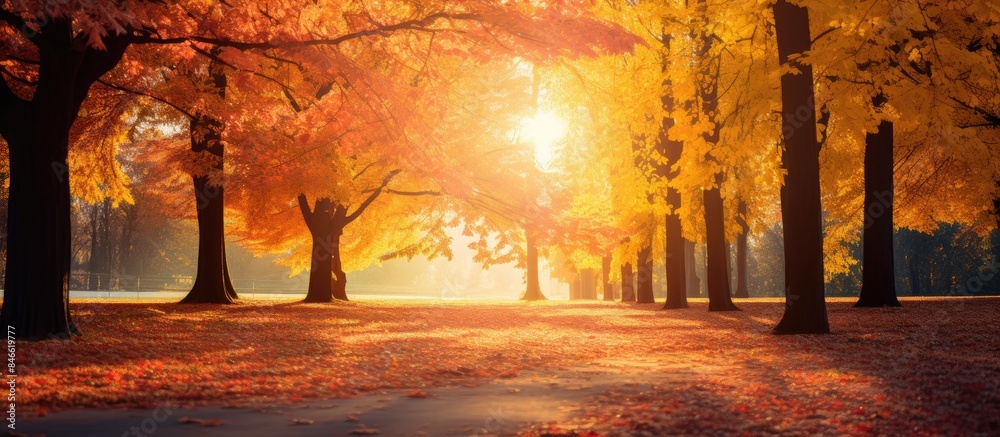 Poster Vivid autumn scenery with sunlight filtering through trees, creating a beautiful natural backdrop of colorful leaves falling in the park, perfect for a copy space image.