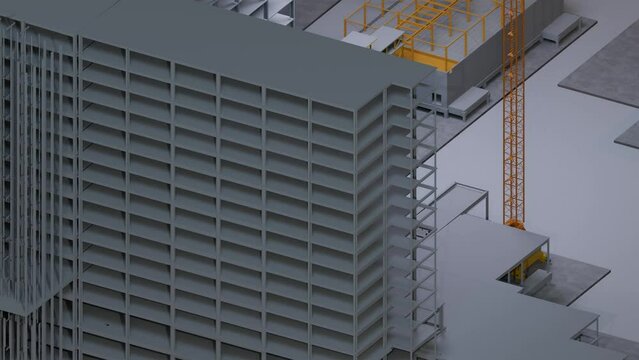 under construction site engineering with frame structure and tower crane 3D looping animation realistic generic 4k