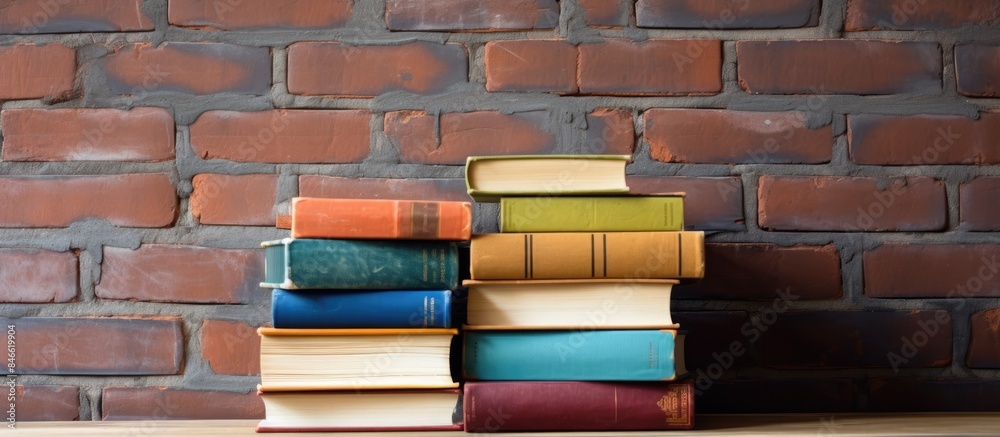 Poster A stack of colorful books rests on a wooden table against a brick background, symbolizing education and learning, with space for adding images. with copy space image. Place for adding text or design