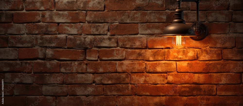Poster Interior design with a vintage wall lamp mounted on a rustic brick wall, creating a retro ambiance with a stylish layout, perfect for displaying a copy space image.