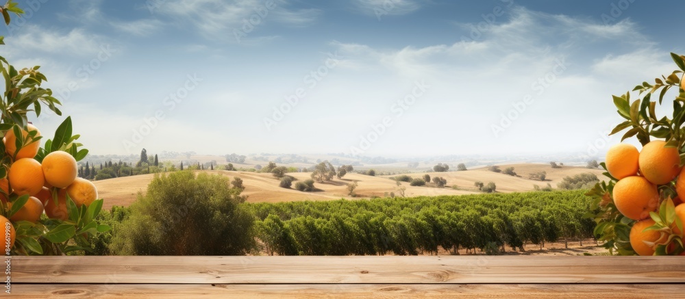 Aufkleber Wooden table set against orange trees and fields, ideal for product display with ample copy space image.