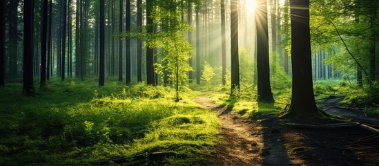Fototapeta premium Scenic view of a lush summer forest with sunlight filtering through tall trees. Theme includes nature conservation and ecotourism in an idyllic setting with a copy space image.