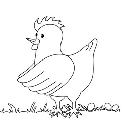 Continuous line drawing of hen chicken with eggs on farm. vector doodle illustration. Minimal simple.