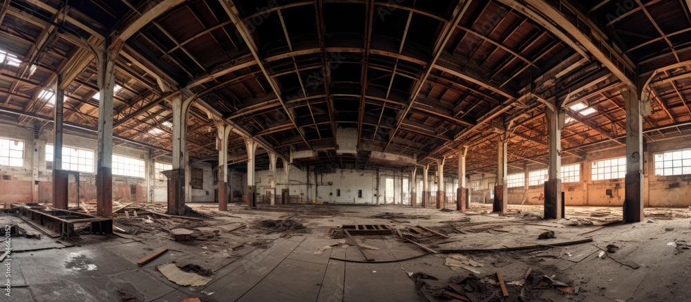 Poster 360-degree panorama of an abandoned factory hall with ample copy space image.