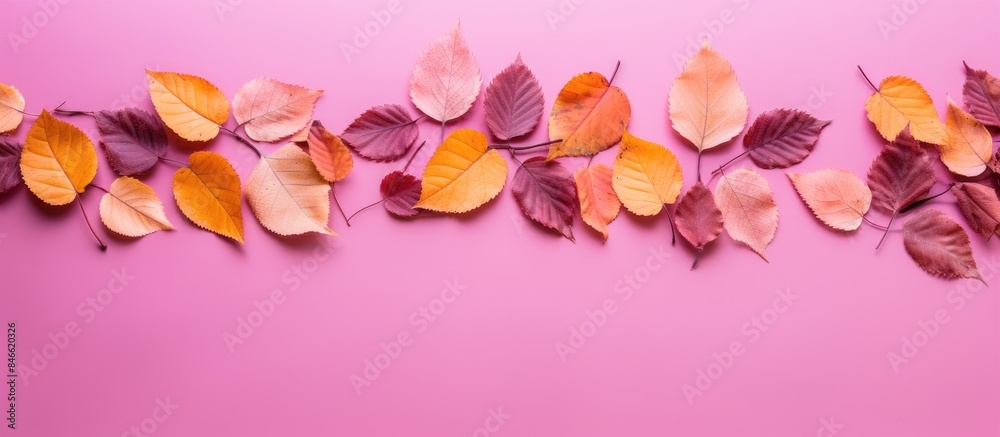 Aufkleber An array of colorful fall foliage against a pink backdrop with available copy space image.