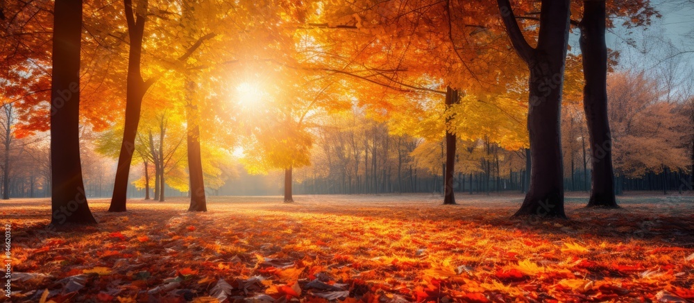 Poster Vivid autumn scenery with sunlight filtering through trees, creating a beautiful natural backdrop of colorful leaves falling in the park, perfect for a copy space image.