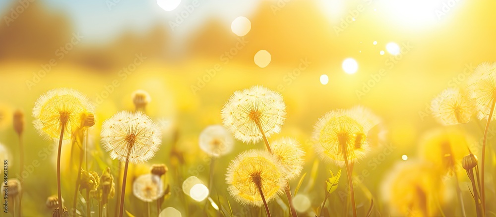 Poster Dreamy macro shot of yellow dandelions in a sunlit meadow in summer or spring, creating a beautiful copy space image with a soft focus to enhance the beauty of nature.