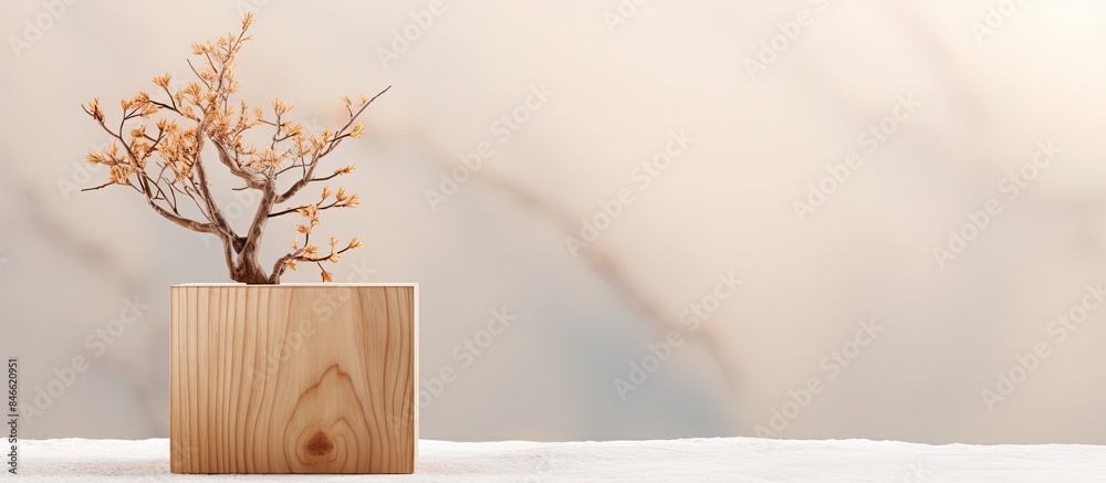Poster Wooden cube podium with branches on light background, ideal for front view showcase with copy space image.