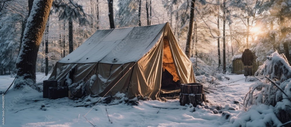 Poster exploring ecotourism in the winter forest with a warm tent. tourism with a copy space image in the c
