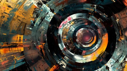 Fototapeta premium Abstract background with featuring concentric circles with dynamic splashes of color, including orange, blue, and black, creating a sense of motion and depth