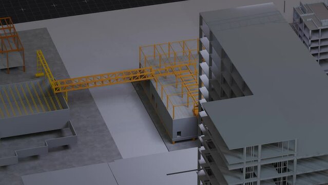 under construction site engineering with frame structure and tower crane 3D looping animation realistic generic 4k