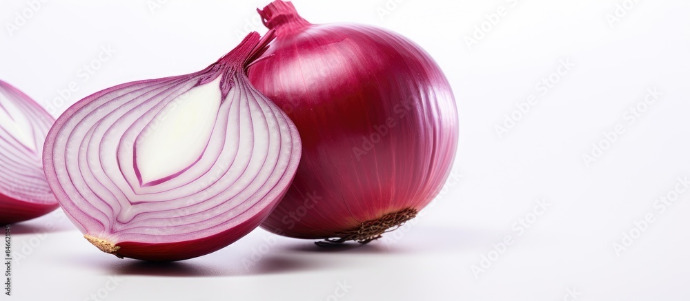 Fototapete red onion slice on a white backdrop with copy space image.