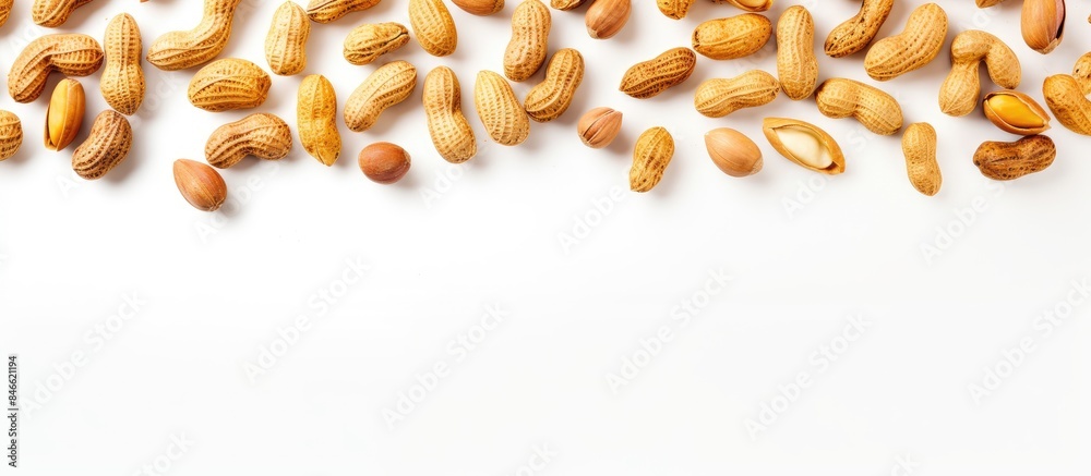 Aufkleber Top view of various peanut forms on a white backdrop with plenty of copy space image.