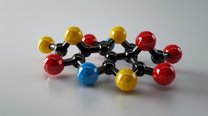 3D model of a molecular structure with colorful atoms connected by black chemical bonds, featuring red, yellow, and blue spheres on a light gray background