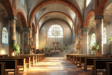 Obraz premium The church and the tables and chairs inside